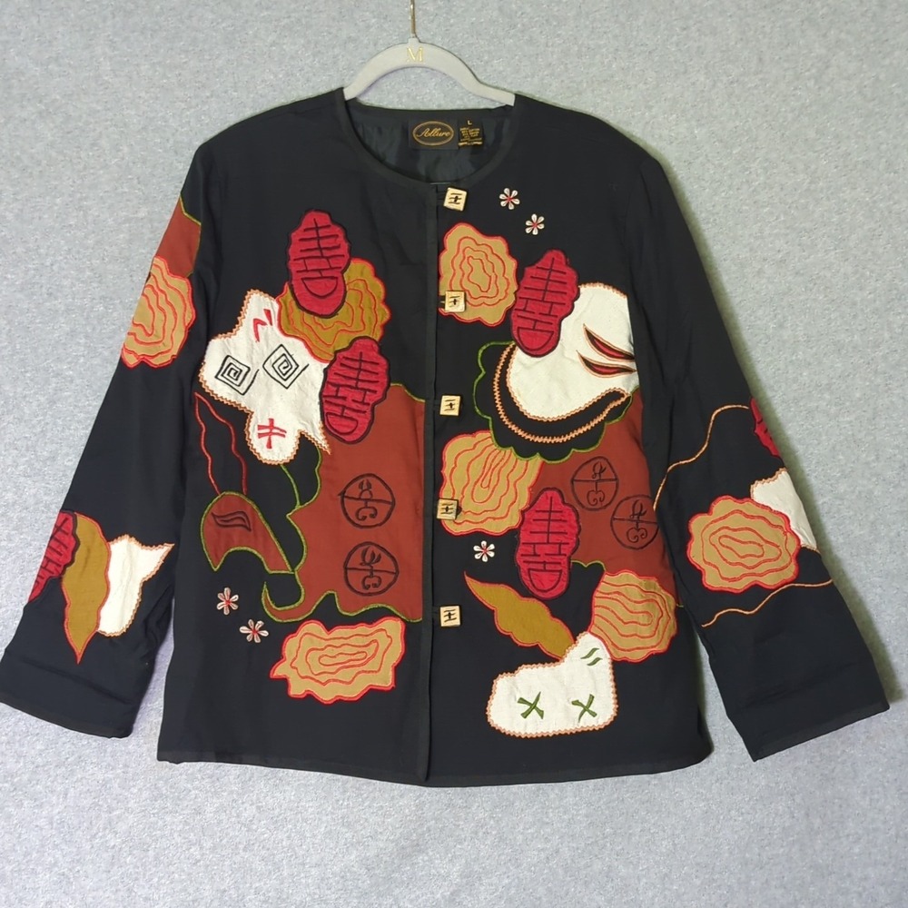 VTG ALLURE Kimono Jacket Art-To-Wear Embroidered Patchwork Cotton Flax L India